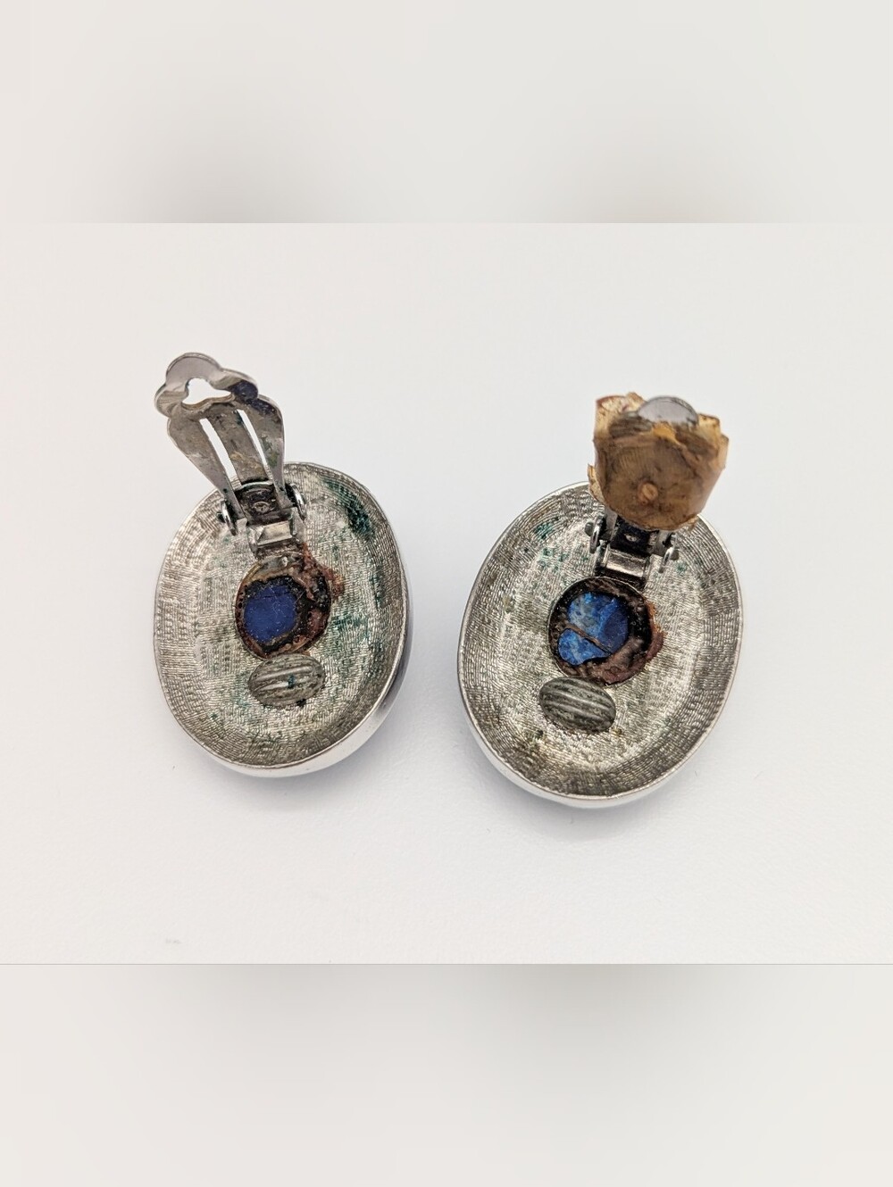 Denim Lapis-Like Blue Stone Oval Clip-On Silver-Tone Earrings - Picture 5 of 9